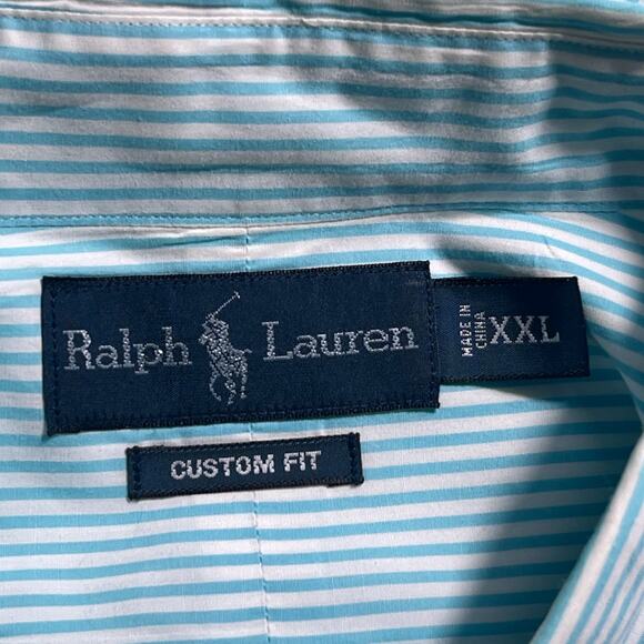 Ralph Lauren Custom Fit Men XXL Long Sleeve Button Down Teal Stripes Pink Pony - Picture 8 of 10